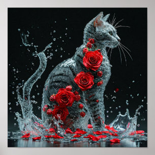 Affiche Chat d'eau entouré de roses rouges fantaisie roman