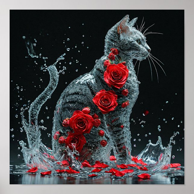 Affiche Chat d'eau entouré de roses rouges fantaisie roman (Devant)