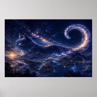 Affiche Chat d'esprit céleste sous la lune de la galaxie