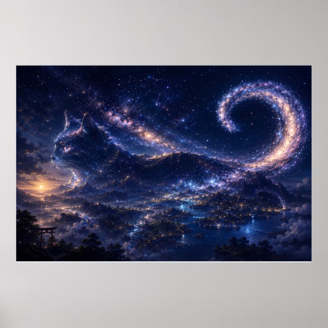 Affiche Chat d'esprit céleste sous la lune de la galaxie (Devant)