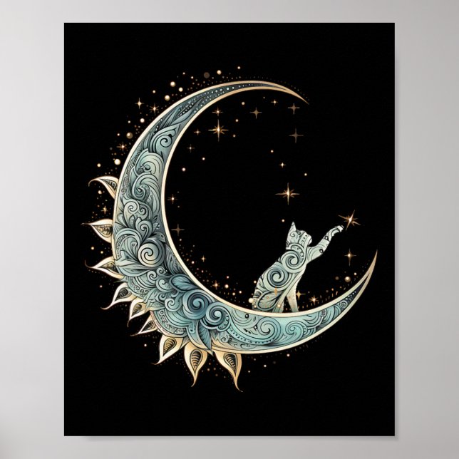 Affiche Chat D'Esthétique Mystique Assis Sur Crescent Moon (Devant)
