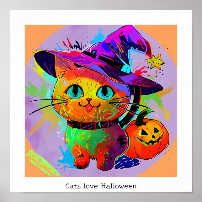 Affiche Chat d'Halloween abstrait coloré (Devant)