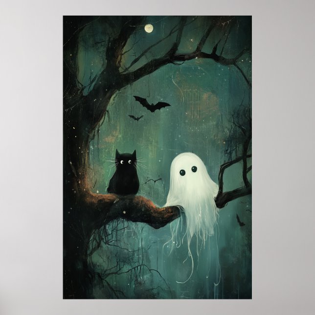 Affiche Chat d'Halloween et fantôme (Devant)