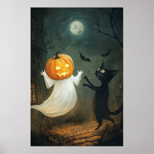 Affiche Chat d'Halloween et fantôme