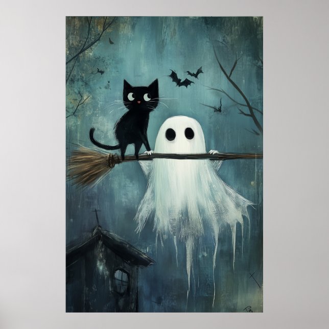 Affiche Chat d'Halloween et fantôme volent dans la chambre (Devant)