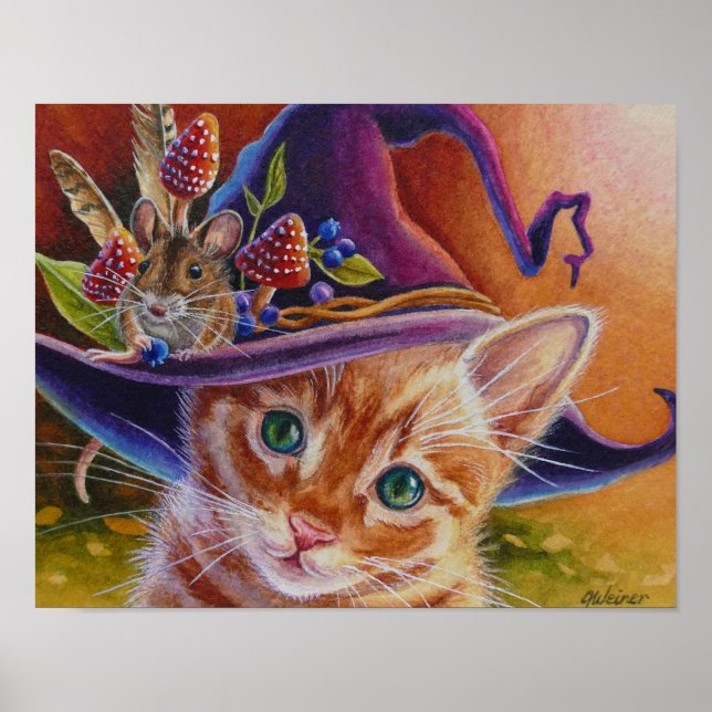 Affiche Chat d'Halloween et souris n° 1 Aquarelle Art 11x1 (Devant)