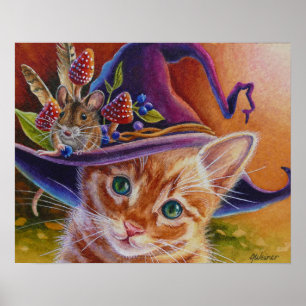 Affiche Chat d'Halloween et souris n° 1 Aquarelle Art 16x2