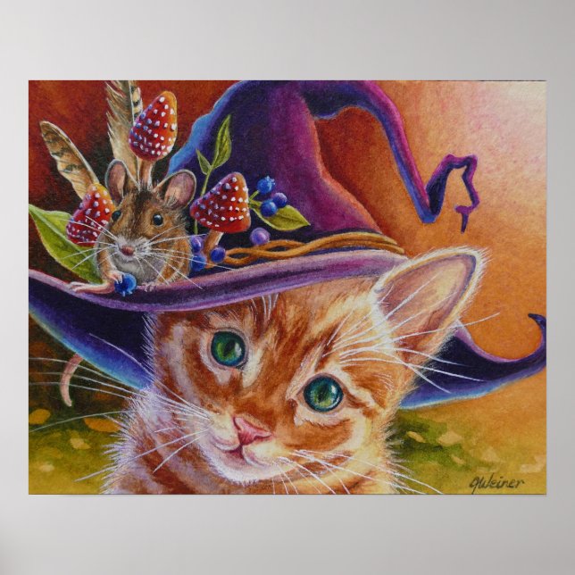 Affiche Chat d'Halloween et souris n° 1 Aquarelle Art 16x2 (Devant)