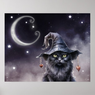 Affiche Chat d'Halloween noir portant un Casquette de sorc