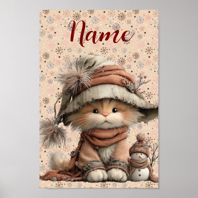 Affiche Chat d'hiver avec des flocons de neige et nom (Devant)