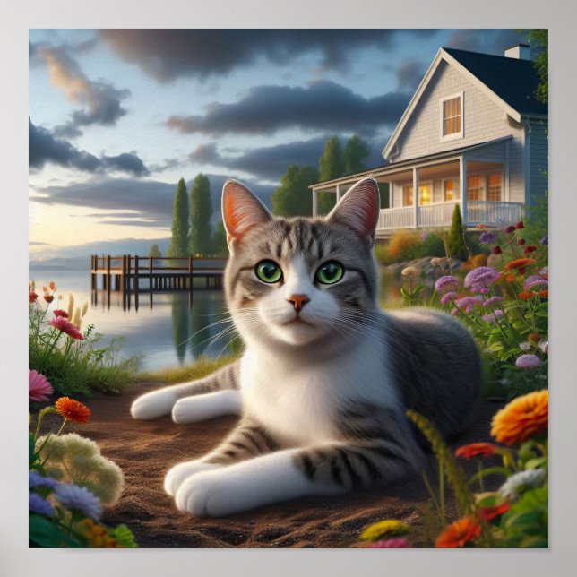 Affiche Chat domestique à courte distance dans un cadre ru (Devant)