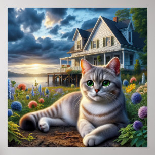 Affiche Chat domestique à courte distance dans un cadre ru
