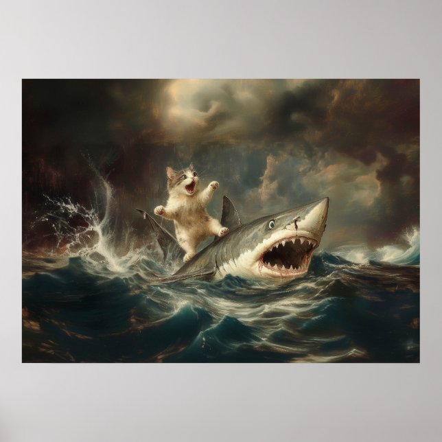Affiche Chat Drôle à Cheval sur un Requin (Devant)