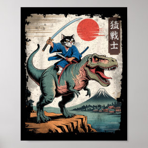 Affiche Chat drôle à cheval t rex art japonais ukiyo-e sam