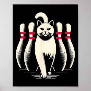 Affiche Chat drôle blanc jouant au bowling rétro vintage s