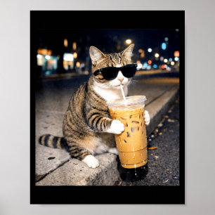 Affiche Chat drôle buvant du café glacé mème animal pour h