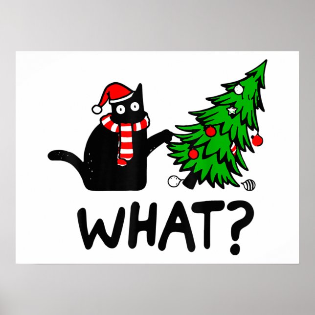 Affiche Chat drôle Ce Chat Noir Poussant Arbre de Noël T- (Devant)