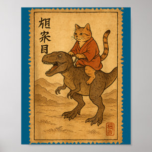 Affiche Chat drôle chevauchant un dinosaure dessin animé n