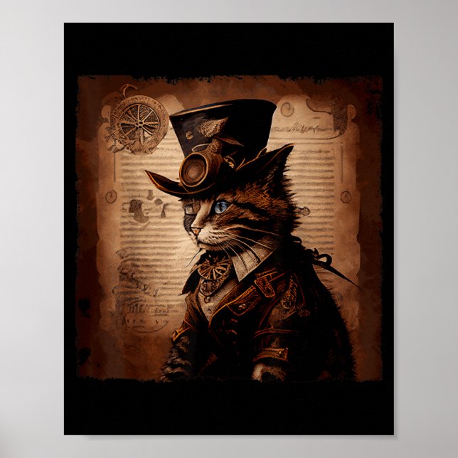 Affiche Chat drôle cowboy Steampunk (Devant)