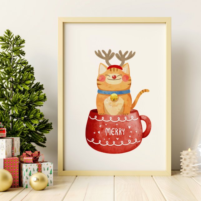 Affiche Chat drôle dans une tasse avec bois de renne et ne (Créateur téléchargé)