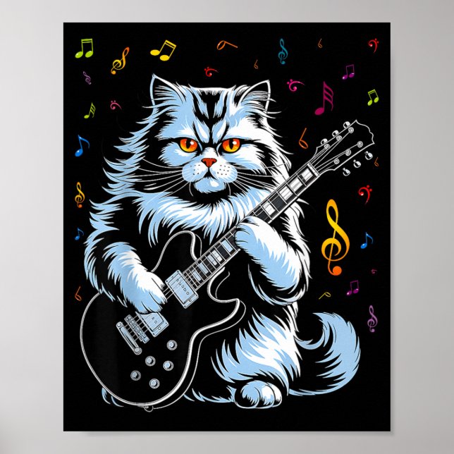 Affiche Chat drôle de rock jouant de la guitare (Devant)