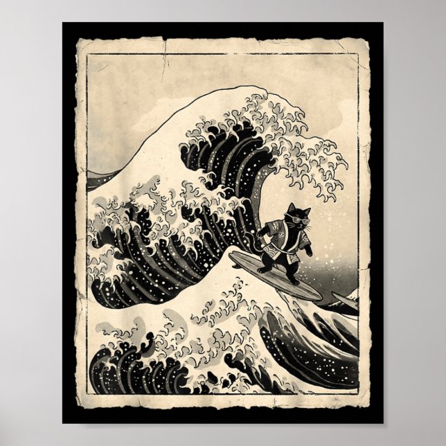 Affiche Chat Drôle de Surf Art Japonais Chaton Anime (Devant)