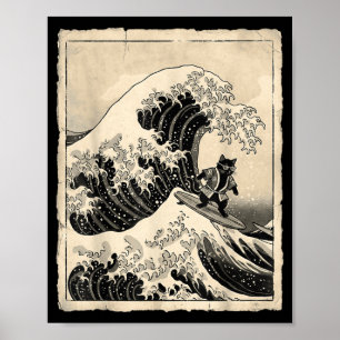 Affiche Chat drôle de surf Art japonais Kitten Anime