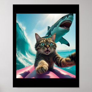 Affiche Chat drôle de surf selfie avec requin Mème _1