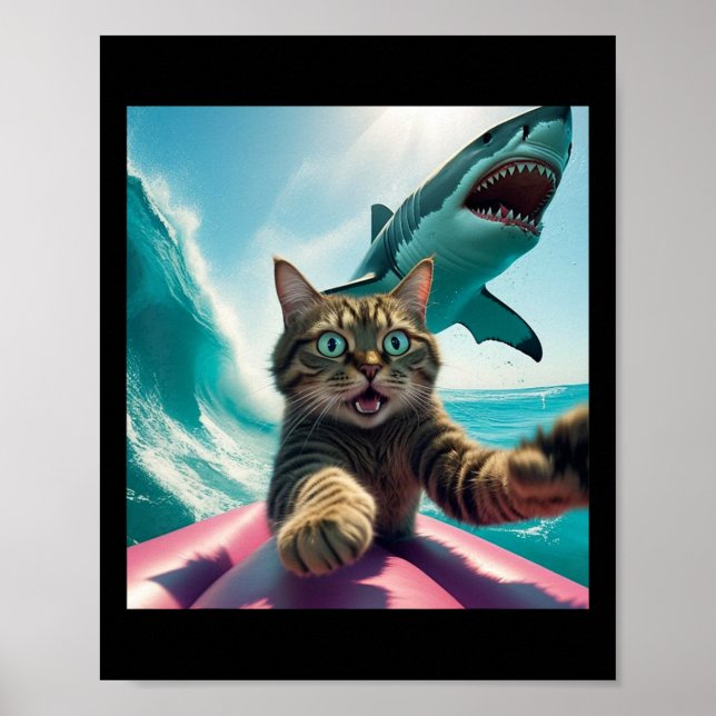 Affiche Chat drôle de surf selfie avec requin Mème _1  (Devant)