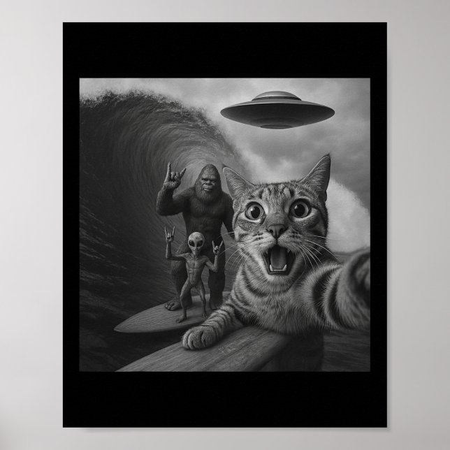 Affiche Chat Drôle de Surfeur Selfie Avec Ufo Géant Alien  (Devant)