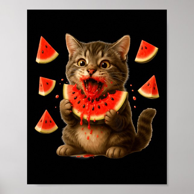 Affiche Chat drôle mangeant une tranche de pastèque Jour d (Devant)