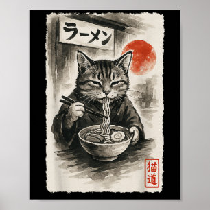 Affiche Chat drôle Manger Ramen nouilles Sumi-e Japonais K