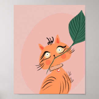 Affiche Chat drôle plante feuille dessin animé