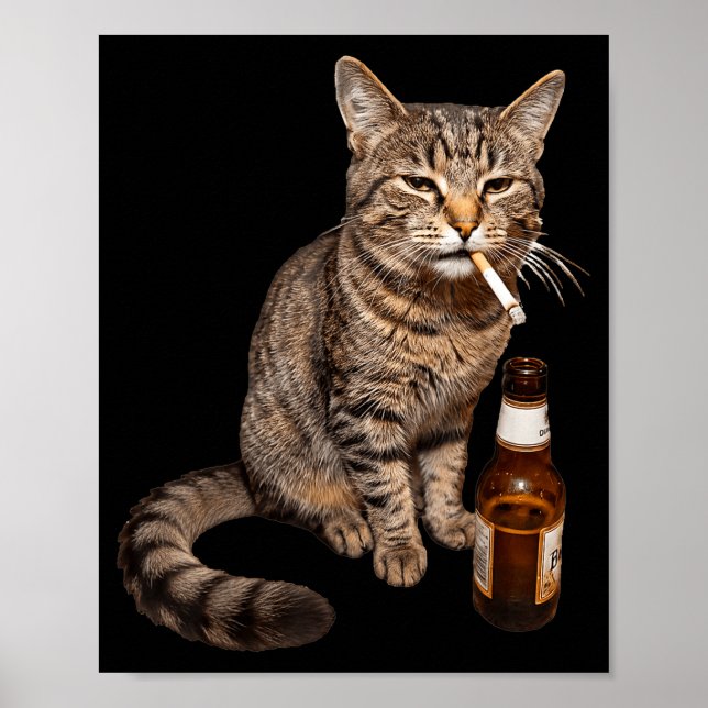 Affiche Chat drôle qui fume et boit de la bière mème stupi (Devant)