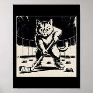 Affiche Chat drôle rétro jouant au hockey sur glace en pat
