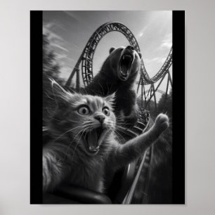 Affiche Chat drôle selfie haut avec ours montagnes russes