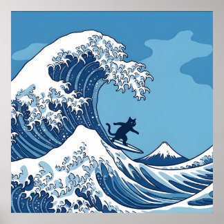 Affiche Chat drôle surfant la Grande Vague au large de Kan