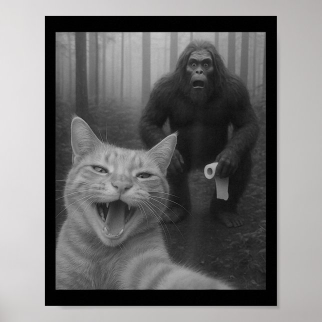 Affiche Chat Drôle Surpris Happy Selfie Avec Bigfoot Sasq (Devant)