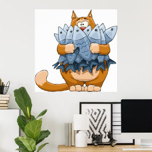 Affiche Chat Drôle Tenant un Poisson Dessin Animé Kitty Af