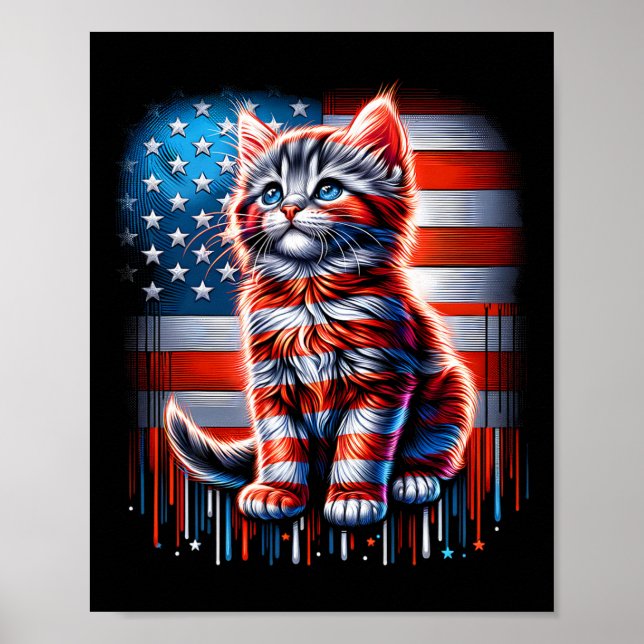 Affiche Chat du 4 juillet Drapeau américain Chatons mignon (Devant)