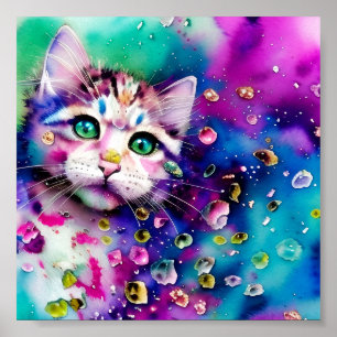 Affiche Chat éclaboussé d'aquarelle