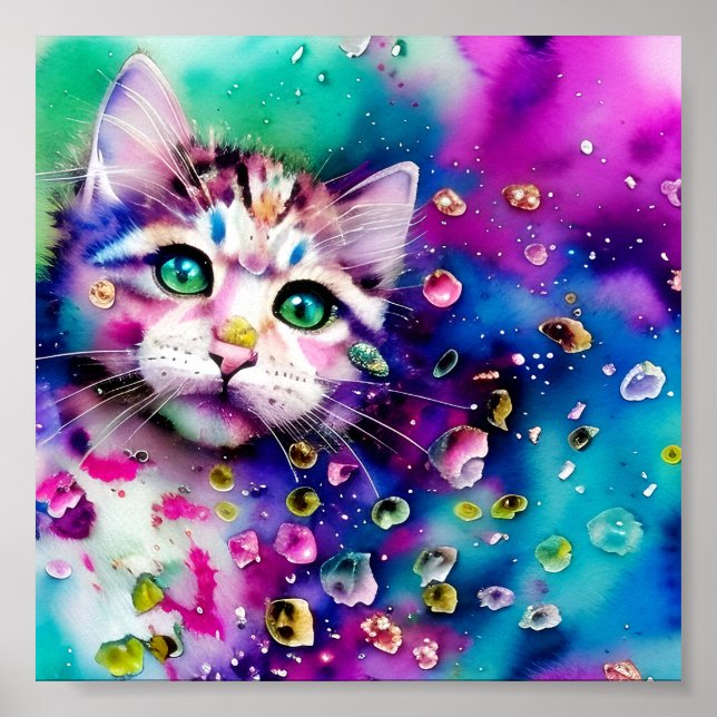 Affiche Chat éclaboussé d'aquarelle (Devant)
