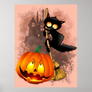 Affiche Chat effrayé par Citrouille Fun Halloween caractèr