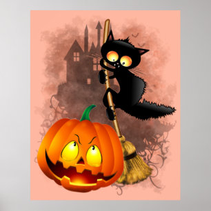 Affiche Chat effrayé par Citrouille Fun Halloween caractèr