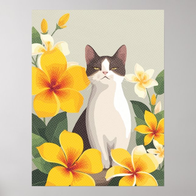 Affiche Chat élégant avec Fleurs Plumeria Jaune (Devant)