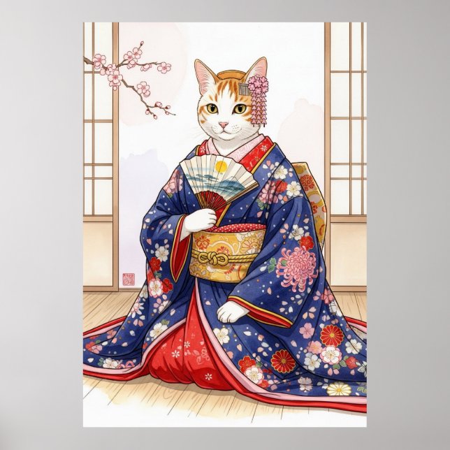 Affiche Chat élégant dans un kimono traditionnel japonais  (Devant)