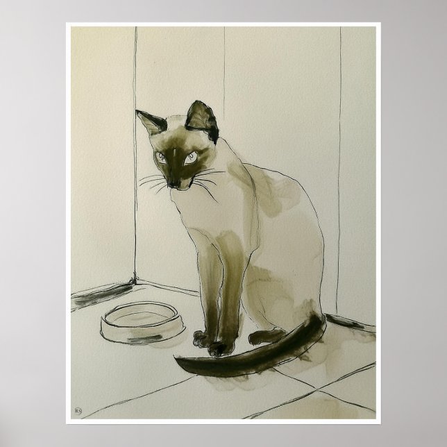 Affiche Chat En Attente Du Dîner Dessin - Art Print (Devant)