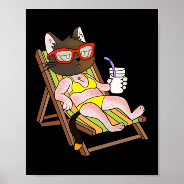 Affiche Chat En Bikini Sur Chaise De Plage En Train De Boi (Devant)