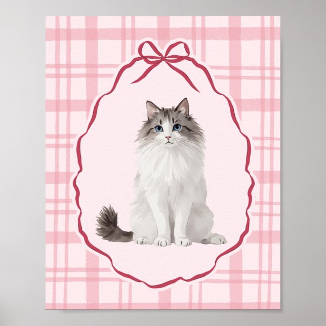 Affiche Chat en chiffon coquette aquarelle rose (Devant)