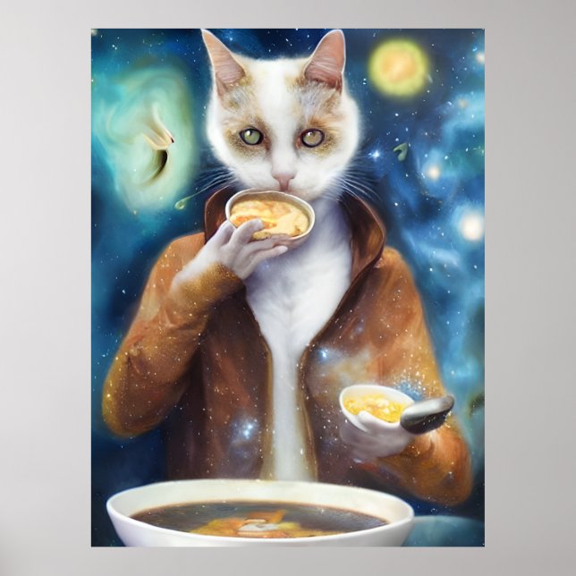 Affiche Chat en combinaison à glisse manger soupe faite de (Devant)